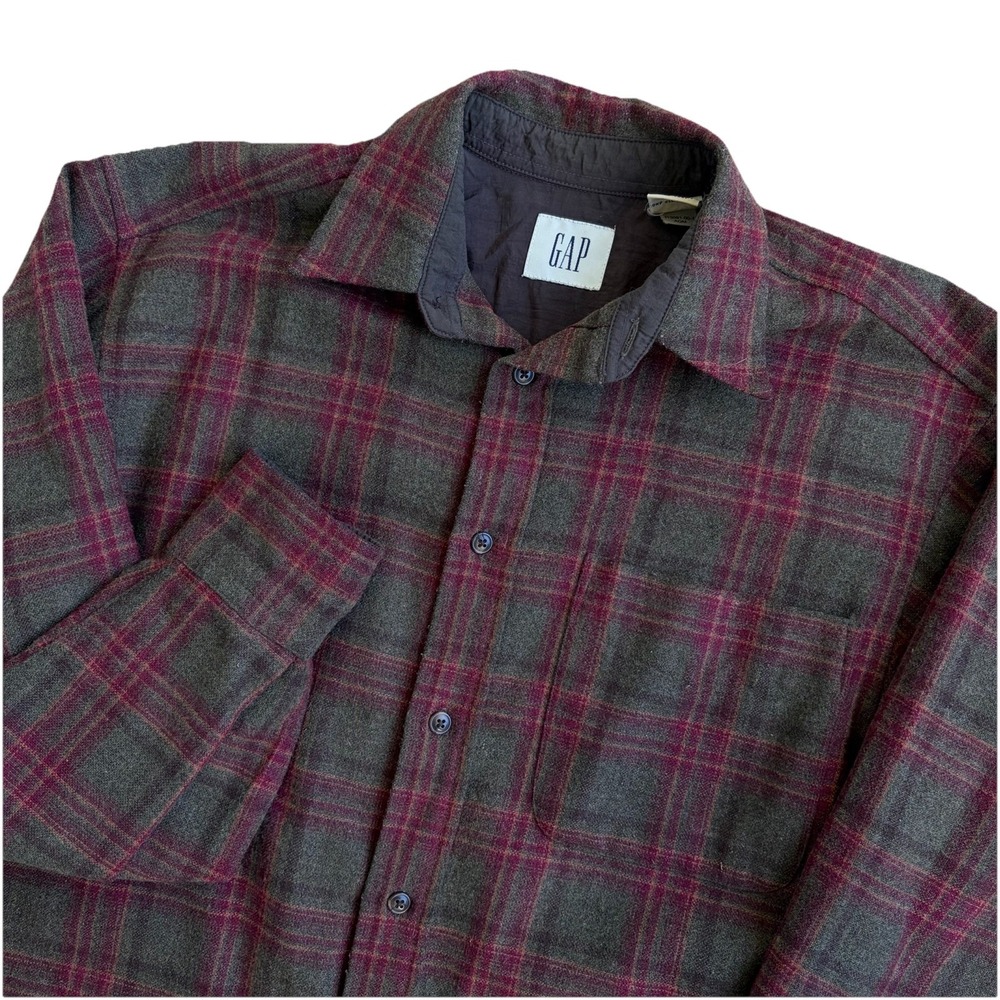 Vintage Gap Shirt Men Small Green Red Plaid Wool Blend Brushed Grunge Button Up